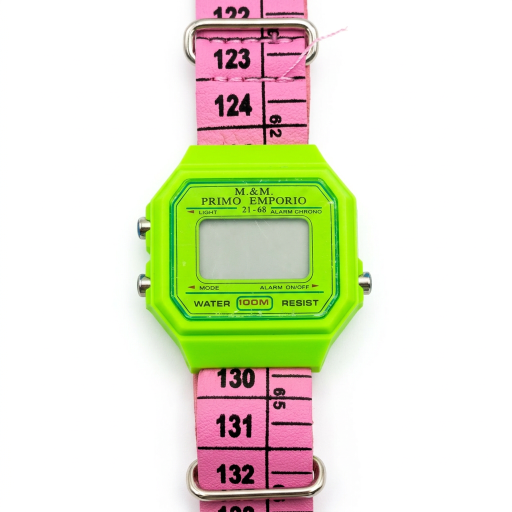 Orologio M&M Primo Emporio 21-68, cassa Verde fluo, cinturino a metro Rosa