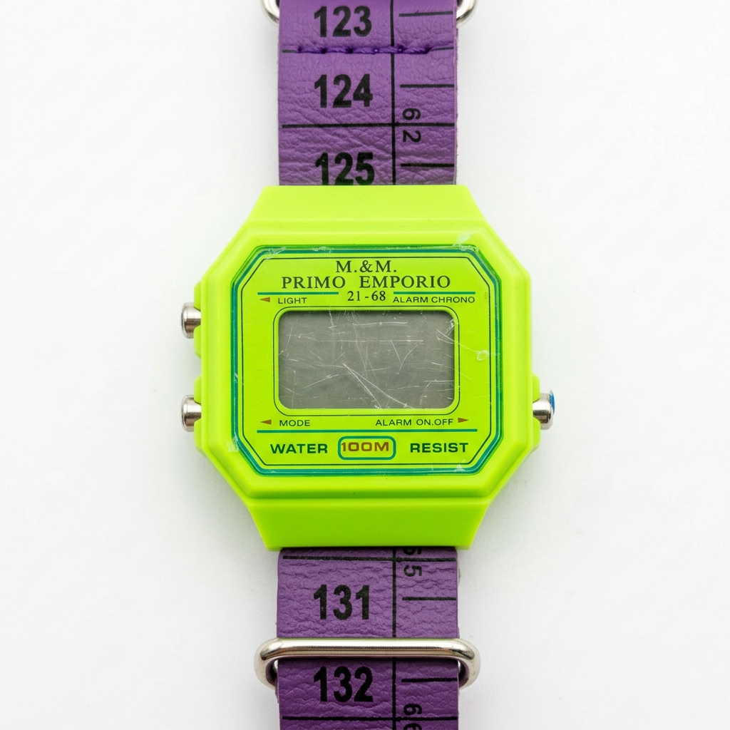 Orologio M&M Primo Emporio 21-68, cassa Verde fluo, cinturino a metro Viola
