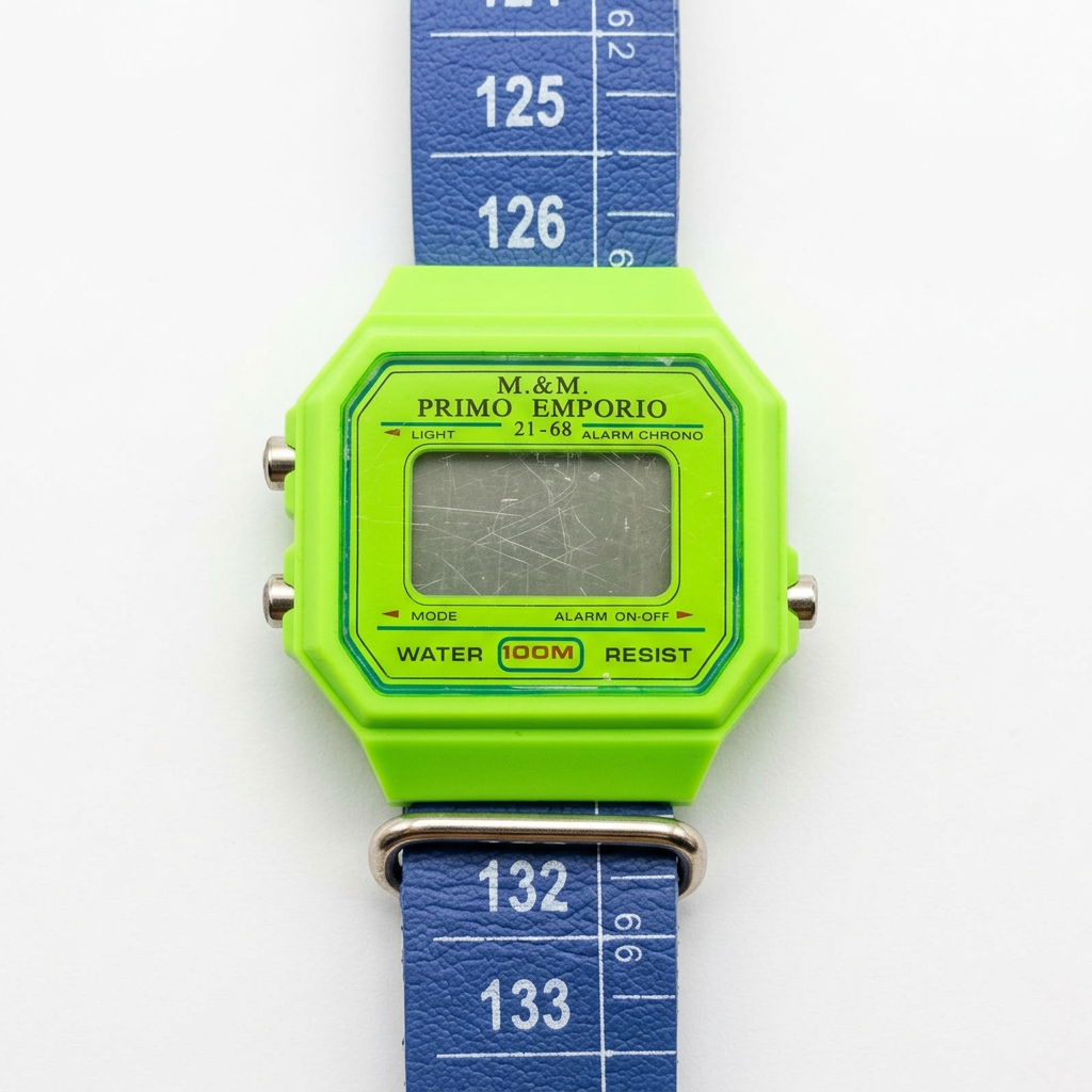 Orologio M&M Primo Emporio 21-68, cassa Verde fluo, cinturino a metro Blu