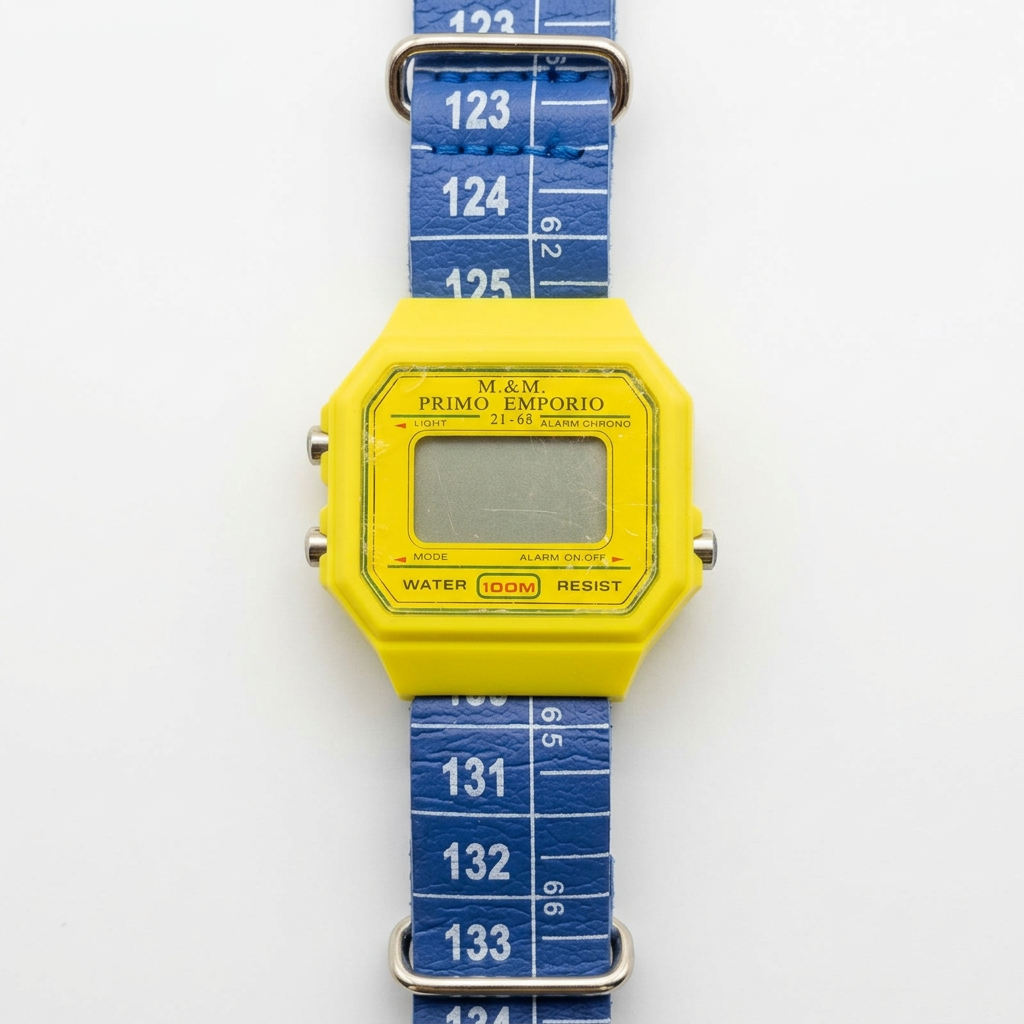 Orologio M&M Primo Emporio 21-68, cassa Gialla, cinturino a metro Blu