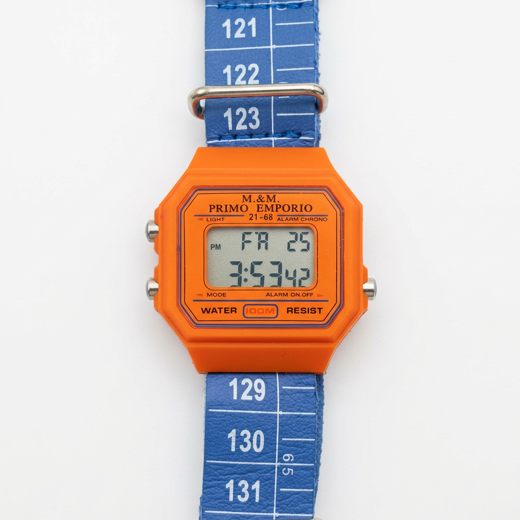 Orologio M&M Primo Emporio 21-68, cassa Arancione, cinturino a metro Blu