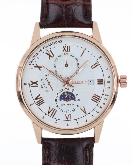 Orologio Vintage Uomo Quartz Datario Giorno Mese Sun Moon Cassa Oro Rosa