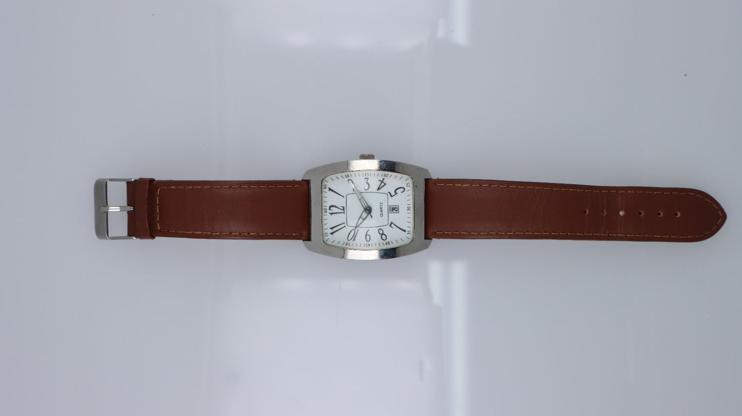 Orologio Uomo Donna Quartz Rettangolare Data Cinturino Pelle Marrone Acciaio
