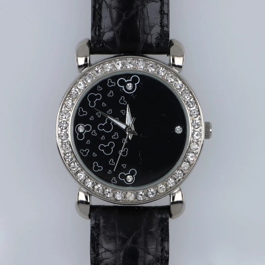Orologio Disney Donna Mickey Mouse Nero Strass Pelle Genuine Leather TA442