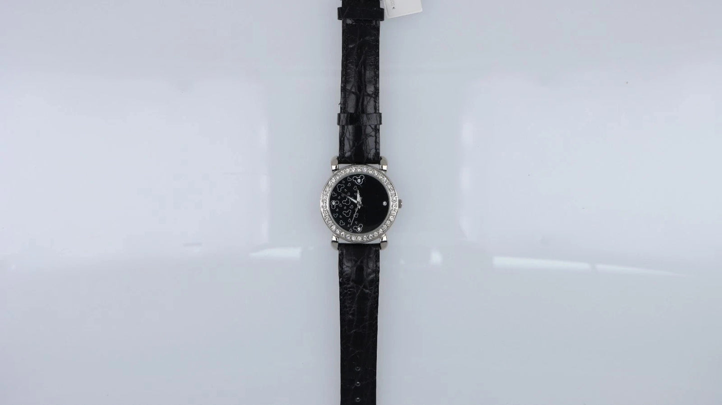 Orologio Disney Donna Mickey Mouse Nero Strass Pelle Genuine Leather TA442