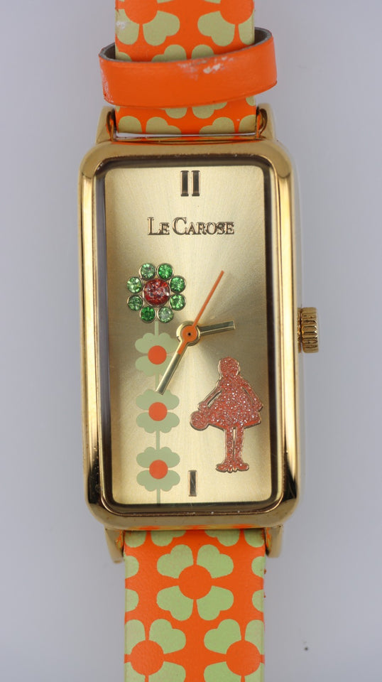 Orologio Donna Le Carose Rettangolare Arancione Fiori Strass Quartz Fashion