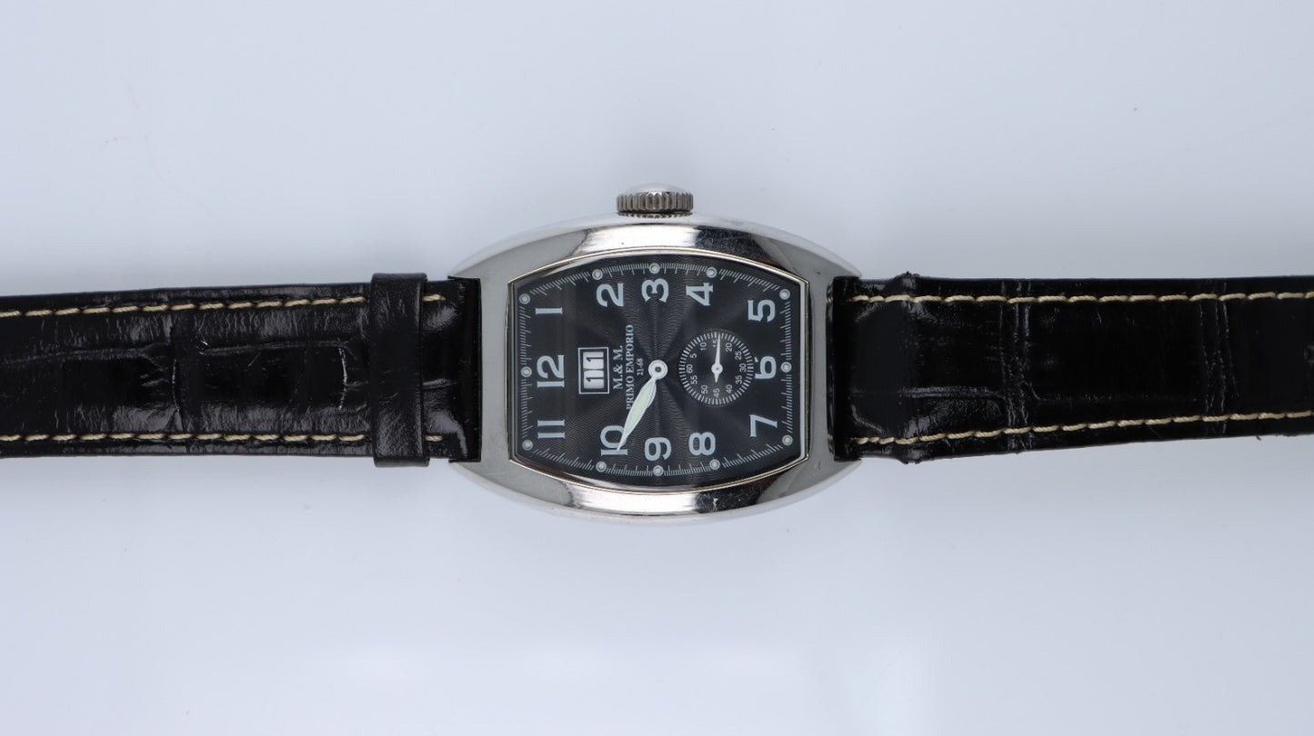 M&M Primo Emporio 21-68 Orologio Uomo Tonneau Nero Big Date Vera Pelle Quartz