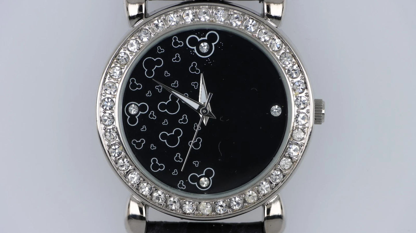 Orologio Disney Donna Mickey Mouse Nero Strass Pelle Genuine Leather TA442