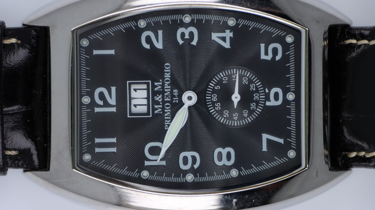 M&M Primo Emporio 21-68 Orologio Uomo Tonneau Nero Big Date Vera Pelle Quartz