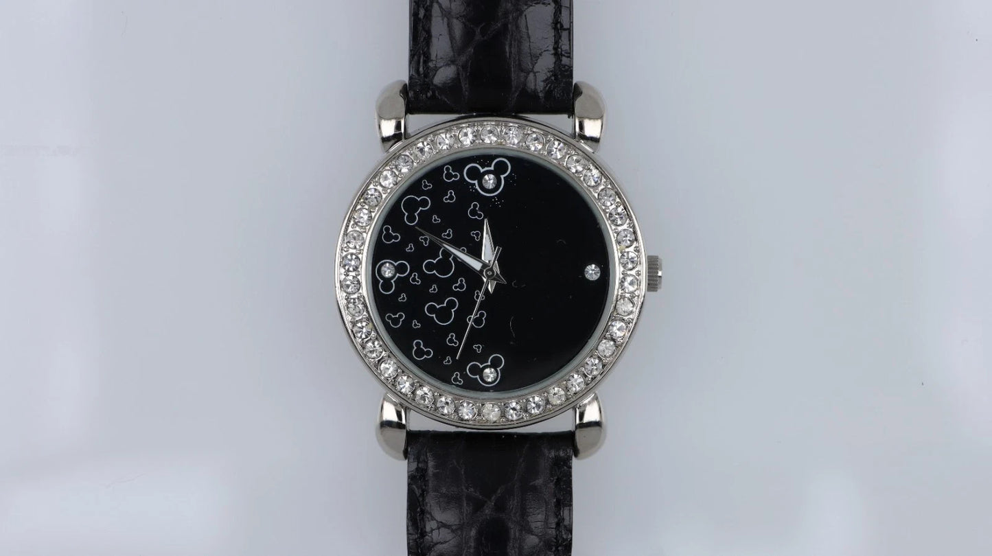 Orologio Disney Donna Mickey Mouse Nero Strass Pelle Genuine Leather TA442