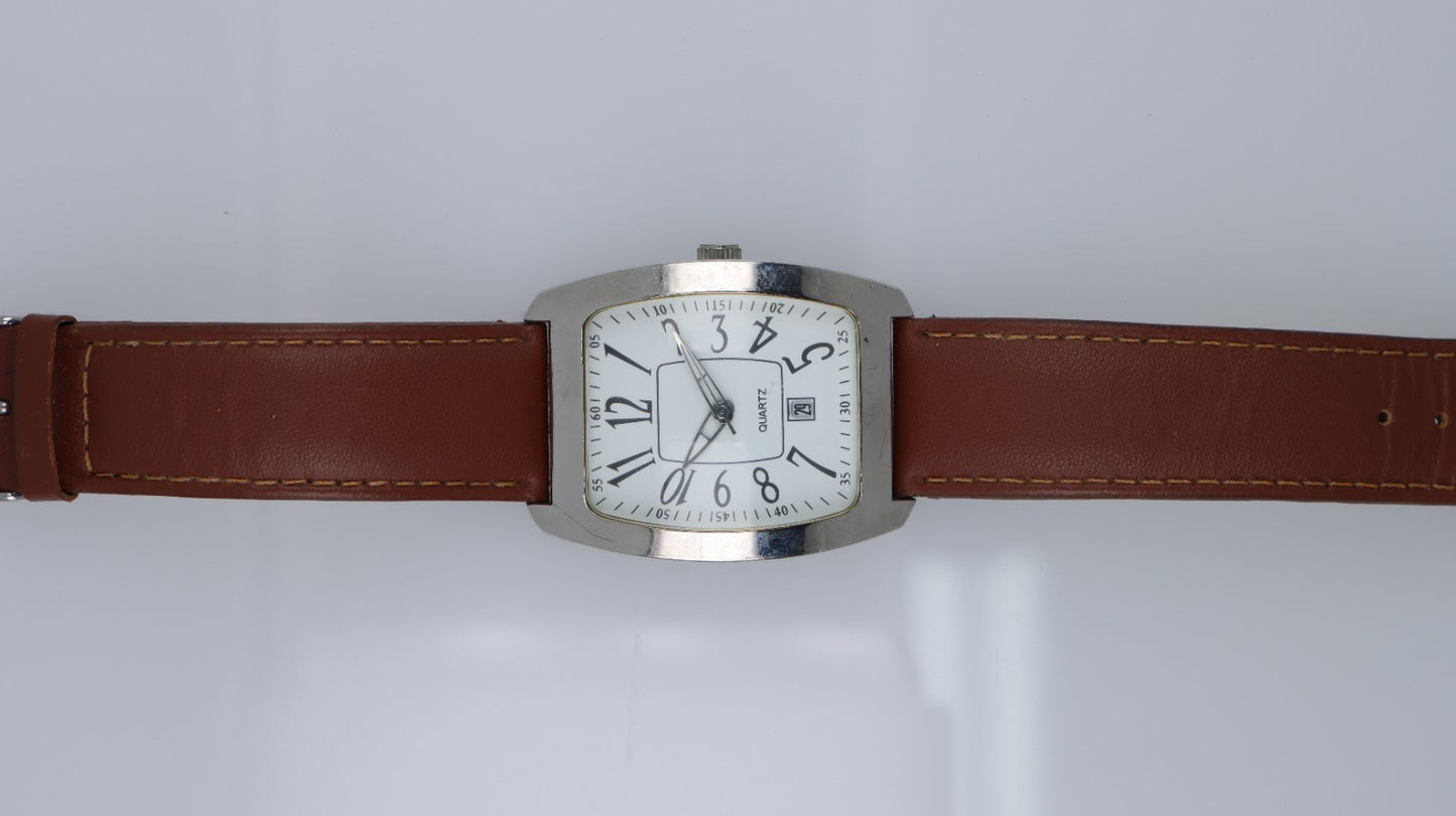 Orologio Uomo Donna Quartz Rettangolare Data Cinturino Pelle Marrone Acciaio